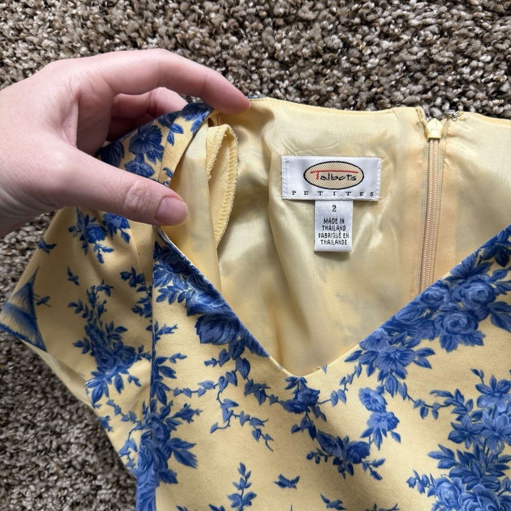 Talbots Petites Size 2 Yellow Blue Toile‎ Print Shift Dress Cotton V-Neck Floral - Picture 12 of 12